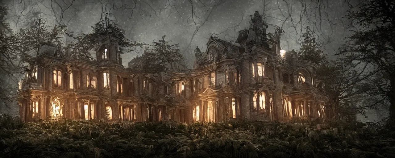 Image similar to A haunted Mansion in the middle of the woods at night during the Lunar Eclipse, evil, demonic, enchanting, angelic, flowers, nature, city, symmetry, environment concept, cinematic, Rendered in Octane, trending on artstation, cgsociety, moody lighting rendered by octane engine, environment 8K artstation, cinematic lighting, intricate details, 8k detail post processing, hyperealistic, octane render, photo realism, visually inspired by Stephen King