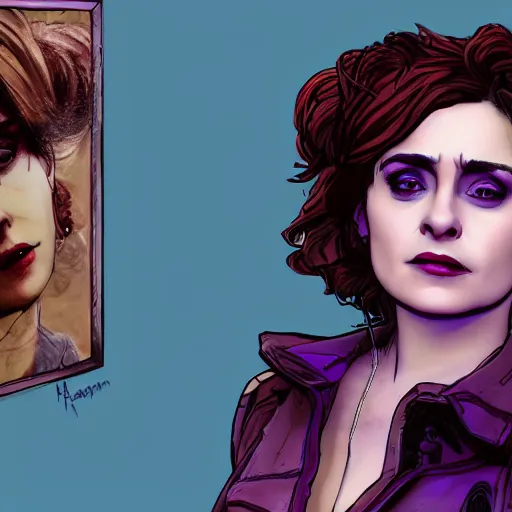 Prompt: helena bonham carter portrait, borderlands, tales from the borderlands, the wolf among us, comic, cinematic lighting, studio quality, 8 k