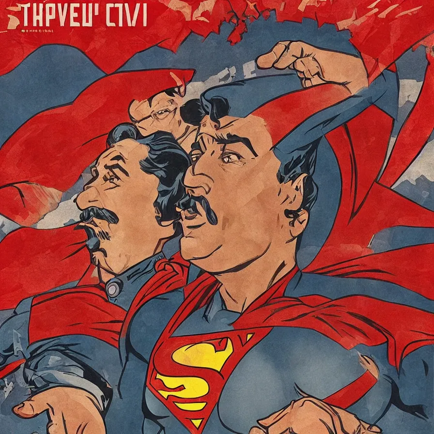 Image similar to epic comic book cover of stalin as superman floating over the red square ( moscow ), soviet propaganda poster, socialist realism, aesthetically pleasing, finely detailed facial features, photorealistic, intricate digital art, trending artstation, artgem, rich moody colors, fan art, concept art, in the style of the red son and invincible