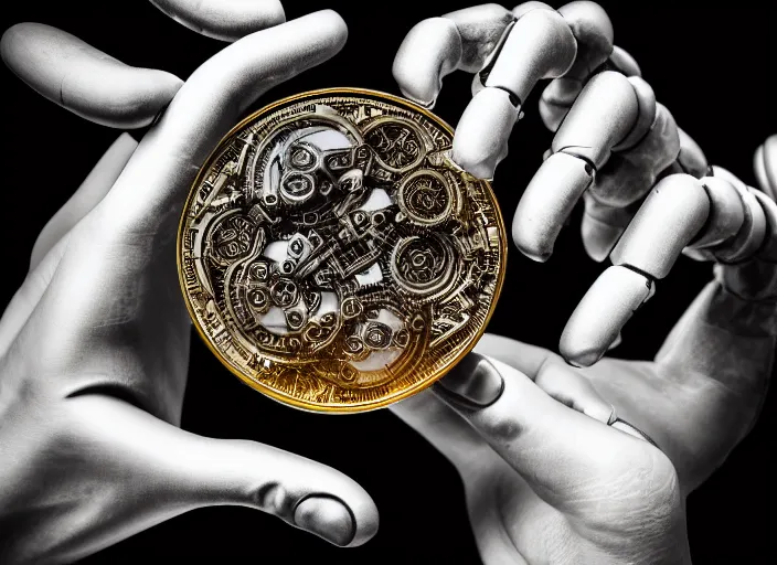 Image similar to mechanical cybernetic hands holding a coin that's worth 1 human soul, to be traded in hell. centered. horror cyberpunk dystopia style. highly detailed 8 k. intricate. nikon d 8 5 0 3 0 0 mm. award winning photography.