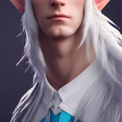 Image similar to a highly detailed portrait male elf, with white long hair, white clothes, bright blue eyes, artstation, DeviantArt, professional, octane render