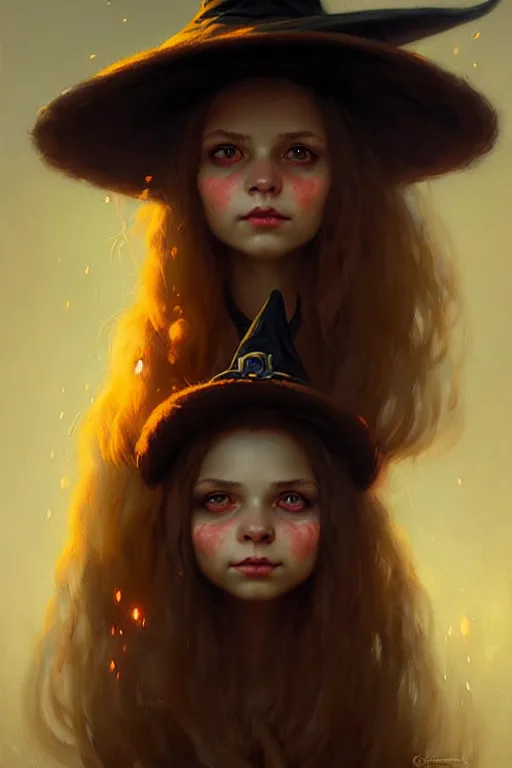 Image similar to cute girl witch portrait by anna podedworna, greg rutkowski, gaston bussiere, simon bisley