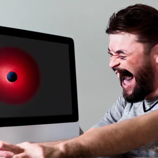 Image similar to a man with bloodshot eyes pointing at his computer screen and laughing