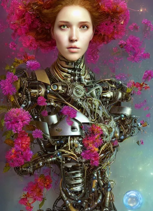 Prompt: a beautiful fine art portrait photo of a robot female cyborg, spread out curly hair covered by hibiscus, daffodils, hydrangea, montsera leaves by tom bagshaw and zach sutton, very detailed, bionic, cybernetic scifi, artstation, 8 k, holographic undertones, highly saturated colors