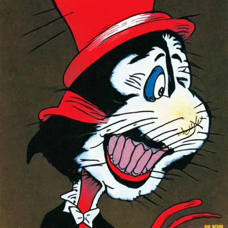 Prompt: cat in the hat terrifying nightmare, illustration by dr. seuss