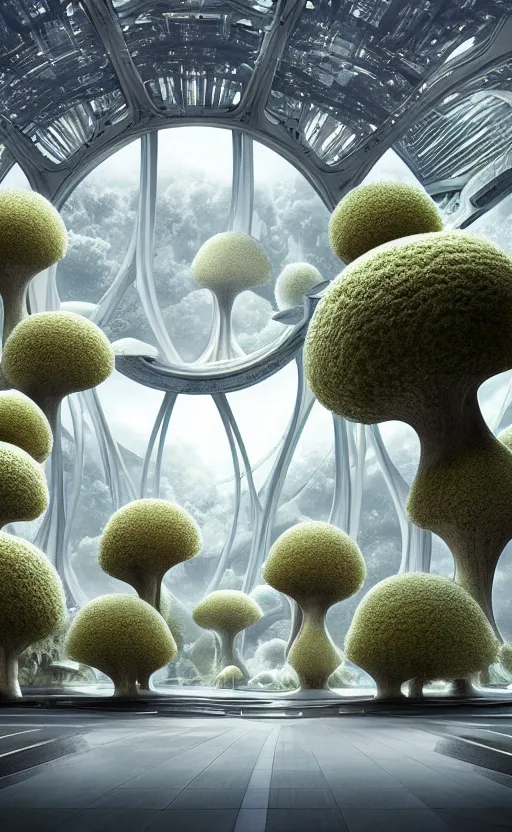 Prompt: beautiful porcelain ivory scifi futuristic city architectural landscape, biophilic, arches, bridges, vincent callebaut composition, mamou - mani, iris van herpin, elegant lace haute couture stone trees, minimalist, porcelain magnolia fluid fractal nebula, daisies, soldier lichen, soft light, puffballs, brackets lichen, 8 k,