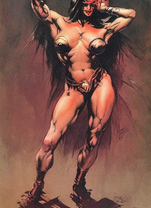 Image similar to female vetala, strong line, deep color, beautiful! coherent! by frank frazetta, high contrast