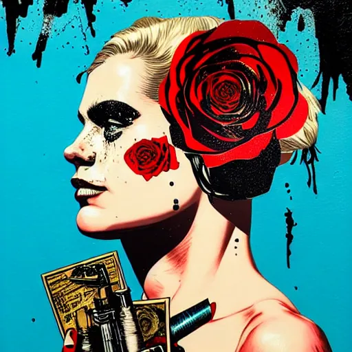 Image similar to portrait of british woman :: side profile :: in ocean :: roses and guns metal details :: gold :: blood and horror :: by marvel and Sandra Chevrier