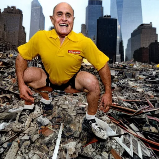 Prompt: a wide shot of a very drunk evil Rudy Giuliani squatting smiling wearing a yellow speedo on top of the world trade center rubble pile in new york