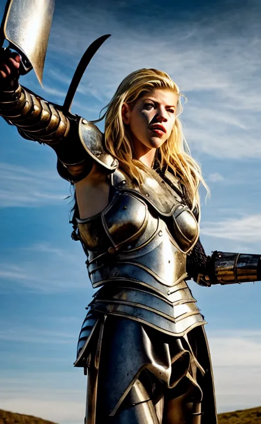 Prompt: katheryn winnick in a knight armor, full plate, photography, movie poster, red lipstick, leather, blood stains, blood dripping, blade, hair in the wind, shiny metal armor, gold, victorious on a hill, battlefield, blue sky, sunshine, lens flare, hard light, full body, sword pointed at sky, severed head