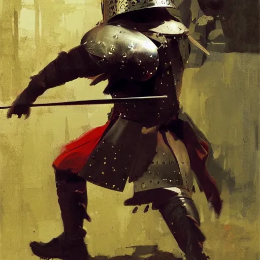 Prompt: man wearing gambeson and bascinet helmet, swinging sword, fighting, detailed by greg manchess, craig mullins, bernie fuchs, walter everett