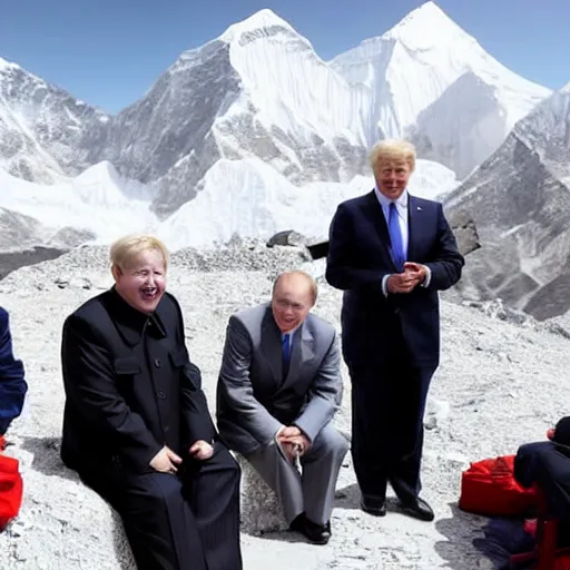 Image similar to kim jong - un, president joe biden, boris johnson, and vladimir putin enjoying earl grey tea at mount everest base camp, minimalist