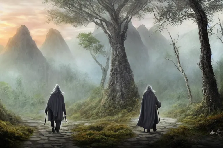 Prompt: ancient wizard Gandalf the grey walking through the forest as a dark figure in robes during a beautiful sunset, jungle mountains in the background with huge incredibly immense trees, highly detailed, gandalf hyperrealism high detailed figure, trending on art station, flying birds in the distance, ancient forest like fanal forest or fangorn forest, misty forest, realistic painting, sharp image, jurassic image, hyper realistic art, highly detailed leaves, cinematic