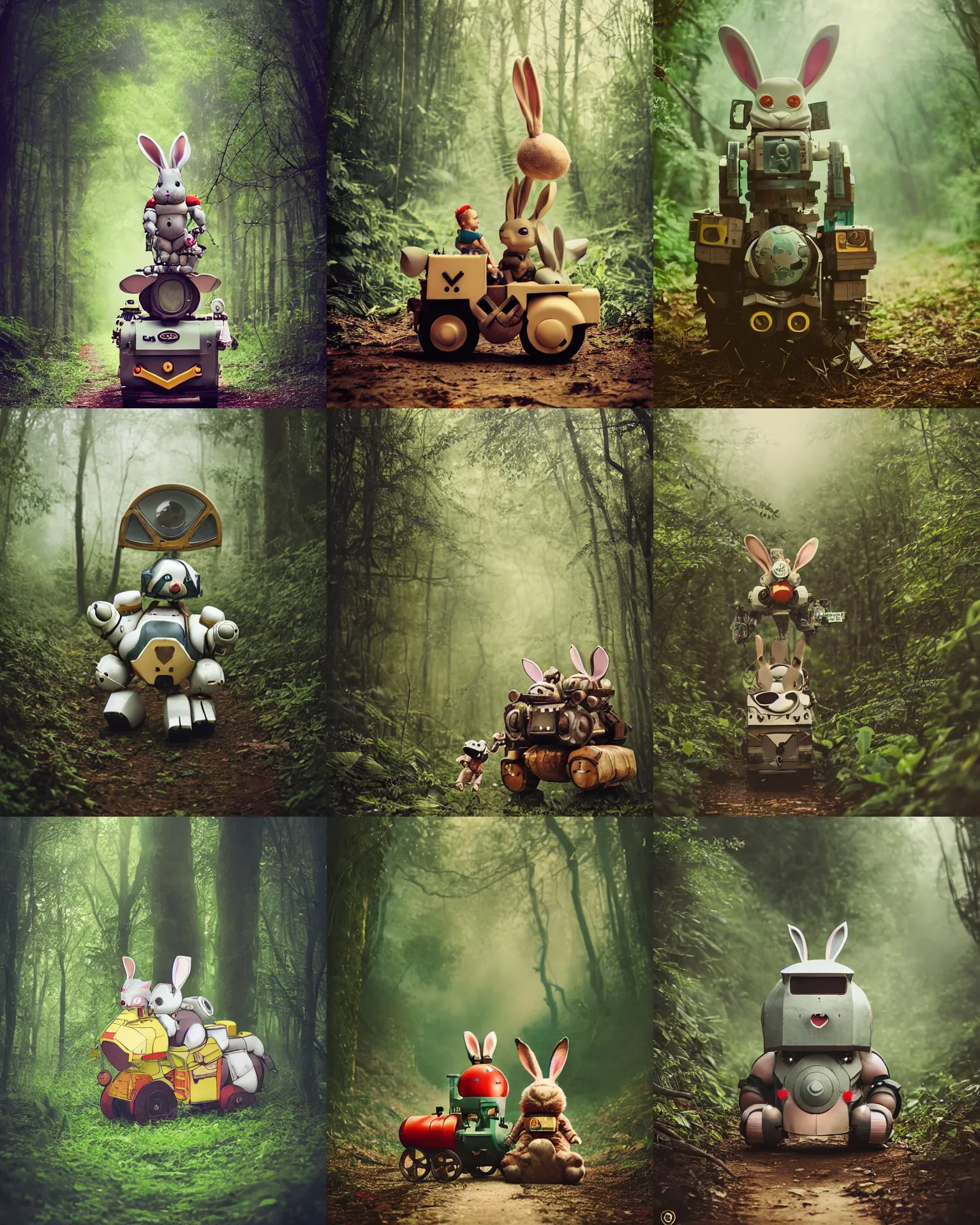 Prompt: epic battle pose !!!giant oversized battle rabbit robot chubby mech baby train cute with big ears and rabbit, on a jungle forest, full body , Cinematic focus, Polaroid photo, vintage , neutral dull colors, soft lights, foggy ,random weather, by oleg oprisco