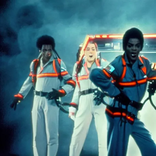 Image similar to stunning awe inspiring michael jackson as a ghostbuster in the movie ghostbusters, movie still 8 k hdr atmospheric lighting