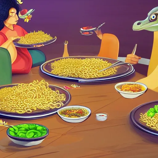 Prompt: a group of komodo dragons having a feast consisting of only indomie instant noodles on a fancy dining table, digital art, concept art, cartoon style, trending on artstation