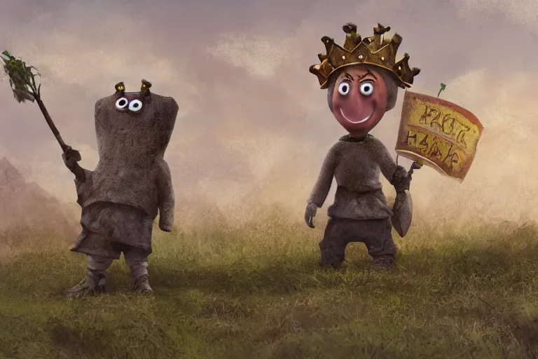 Image similar to the potato king appears before the large crowd of his subjects in all his glory wearing his crown, concept art, blender, glossy googly eyes, realistic dirt.