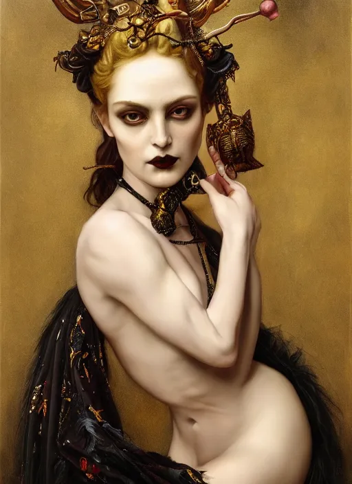 Image similar to highly detailed oil painting | very intricate | cinematic lighting | award - winning | portrait of the goddess of goth dressed by alexander mcqueen | by roberto ferri, by tom bagshaw, by j. c. leyendecker and klimt, american romanticism, by austin osman spare, artstation, cgsociety, official art, octane