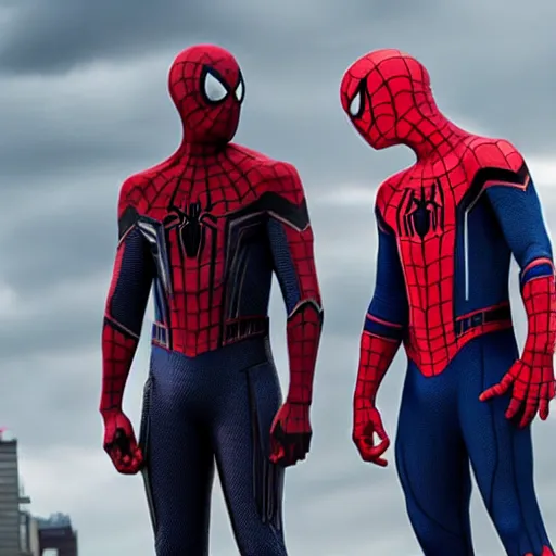 Image similar to promotional photo from new mcu spiderman movie featuring a black symbiote spiderman suit worn by tom holland