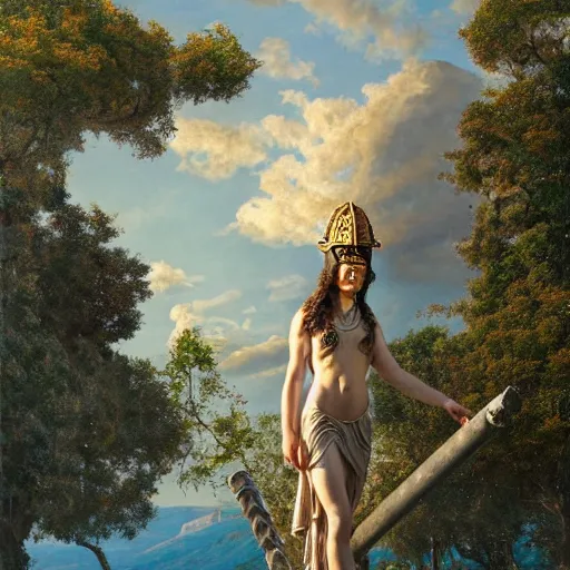 Image similar to full-body view of beatiful young greek godess in steel helmet standing on a giant Zeus head, greek temple of olympus glory island little wood bridge painting of tower ivy plant in marble late afternoon light, wispy clouds in a blue sky, by frank lloyd wright and greg rutkowski and ruan jia