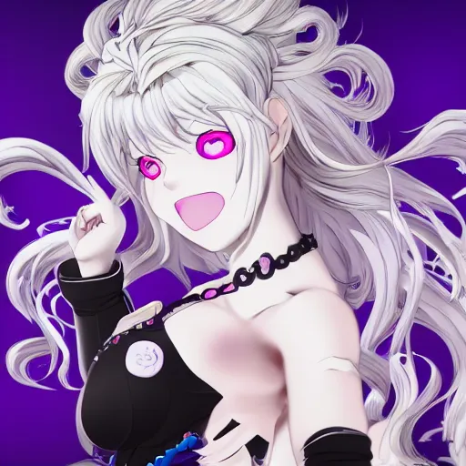 Image similar to stunningly beautiful omnipotent megalomaniacal anime goddess who looks like junko enoshima, symmetrical perfect face smiling in a twisted, mischievous, devious and haughty way while looking down upon the viewer and taking control, mid view from below her feet, hyperdetailed, unreal engine 5, 8 k