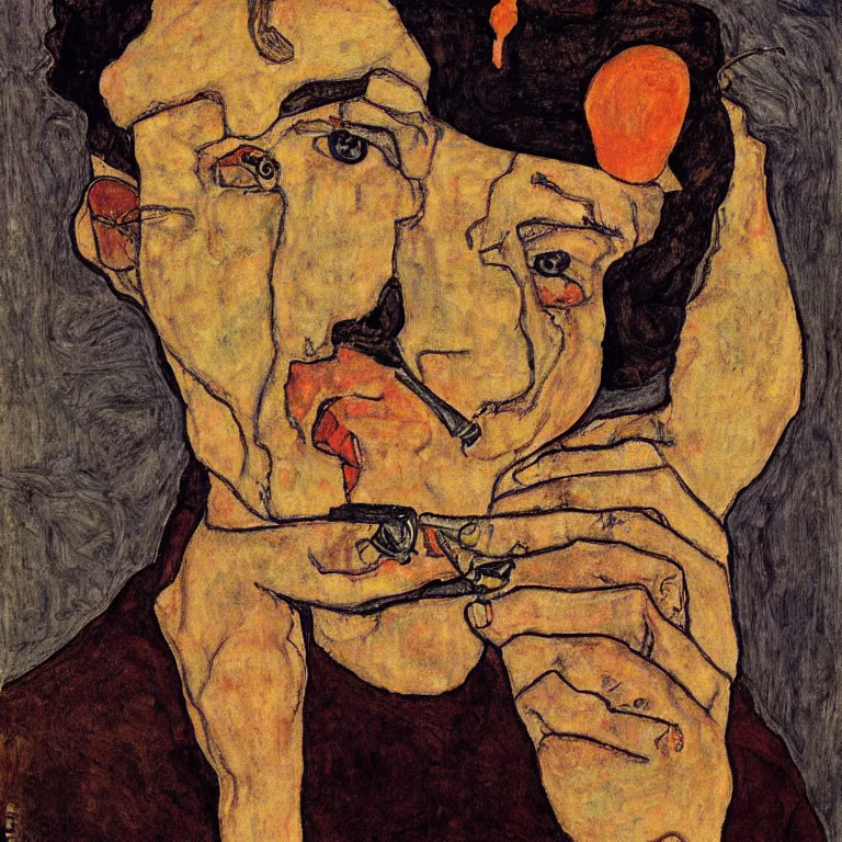 Prompt: portrait of a loner smoking a cigarette by egon schiele