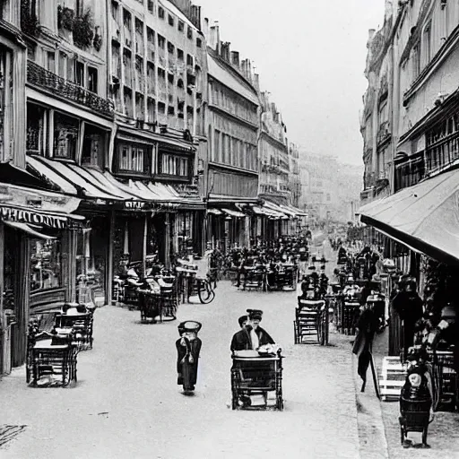 Prompt: une rue de paris vide avec des voitures garees, un restaurant avec une terrasse, des boutiques avec des neons, en debut de matinee en 1 8 5 5