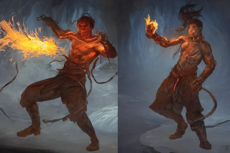 Prompt: a human male asian rogue with energy crackling from his hands, with two ethereal!!! forms next to him, one made of fire, thee other made of ice, fighting monsters, d & d, detailed, digital painting, artstation, concept art, sharp focus, illustration, cinematic lighting, art by artgerm and greg rutkowski and alphonse mucha