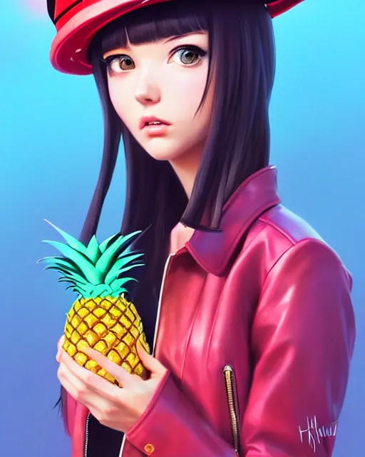 Image similar to pineapple girl wearing a candy hat and leather jacket, fine detail!! anime!! realistic shaded lighting!!, kim hyun joo, digital painting by ilya kuvshinov, magali villeneuve, artgerm, jeremy lipkin and michael garmash and rob rey