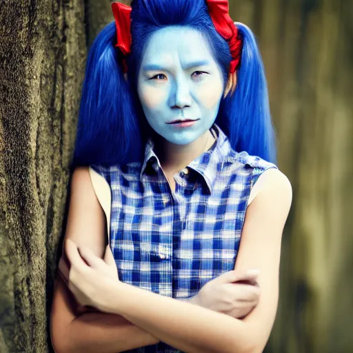 Image similar to photograph of an woman with blue skin, wearing a checked shirt, fantasy, portrait, peter xiao