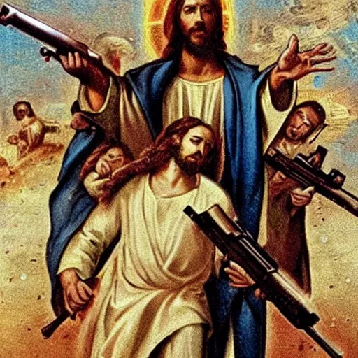 Image similar to jesus with guns killing demons