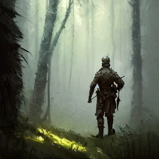 Image similar to male soldier in the forest, by Greg Rutkowski!!!, D&D, fantasy, intricate, elegant, highly detailed, digital painting, artstation, concept art, matte, sharp focus, illustration