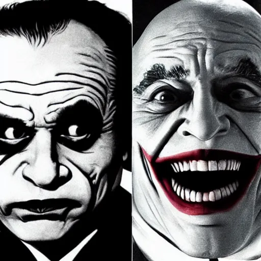 Image similar to Danny Devito as The Joker, still image from Batman movie, shot of face