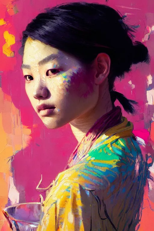 Prompt: portrait of a beautiful asian female, complementary colors, beautiful face, rule of thirds, intricate outfit, spotlight, by greg rutkowski, by jeremy mann, by francoise nielly, by van gogh, digital painting