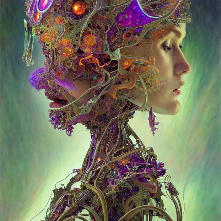 Image similar to partially deconstructed psychedelic organic cyborg orchid, diffuse lighting, fantasy, intricate, elegant, highly detailed, lifelike, photorealistic, digital painting, artstation, illustration, concept art, smooth, sharp focus, art by John Collier and Albert Aublet and Krenz Cushart and Artem Demura and Alphonse Mucha