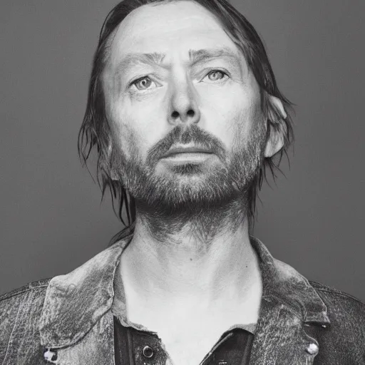 Image similar to Thom Yorke, a man with a beard and a black jacket, a portrait by John E. Berninger, dribble, neo-expressionism, uhd image, studio portrait, 1990s