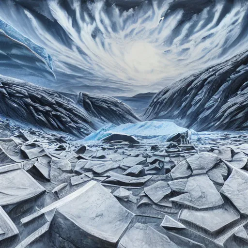 Image similar to menacing absence trailblazer Antarctica glacial cult incomprehensible topology ambience, realistic fantasy, oil painting, extremely high detail, photorealistic, cinematic lighting, oil painting, intricate line drawings, 4k resolution