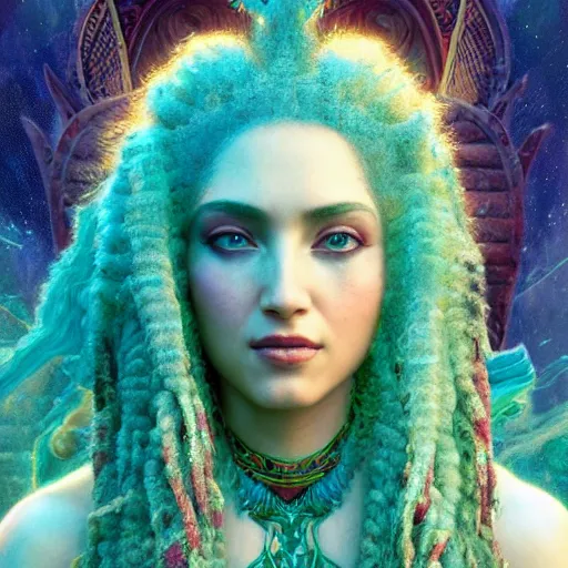 Image similar to octane render, artstation, 8 k, intricate detail, hyper detail, portrait by gaston bussiere, greg rutkowski, sandro botticelli, tan lady of elche egyptian sumerian techno mystic goddess princess intergalactica inanna with aqua neon rapunzel dreadlocks,