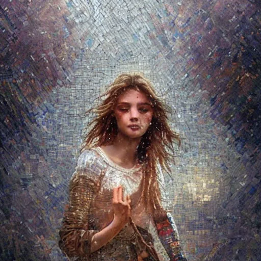 Image similar to mosaic portrait of a beautiful young girl falling into the sky by greg rutkowski, 4k, intricate details, dichotomy