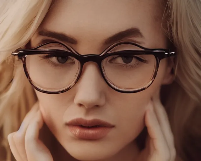 Prompt: the most beautiful blonde woman in the world wearing curved glasses, hyper realistic face, beautiful eyes, cinematic, close - up, hyper detailed, 8 5 mm photograph, 8 k resolution, film still, sharp lens, wide lens