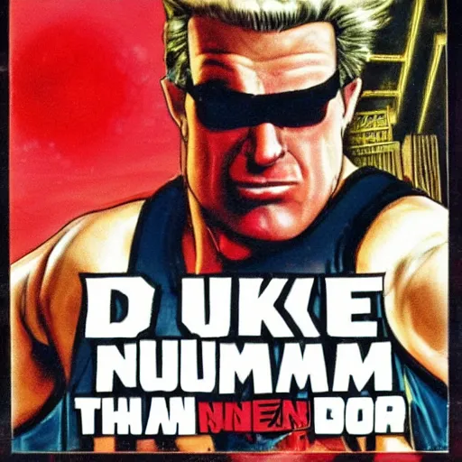 Image similar to Duke Nukem doing the Bateman stare, red tank-top, Duke Nukem 90s cover art