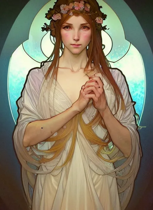 Image similar to digital character concept art by artgerm and greg rutkowski and alphonse mucha. clear portrait taken in 2 0 2 2 of a young wife blessed by god to uncontrollably become overwhelmingly perfect!! blonde, clothed! obviously feminine holy body!! light effect. hyper detailed, glowing lights!! intricate, elegant, digital painting, artstation, smooth, sharp focus