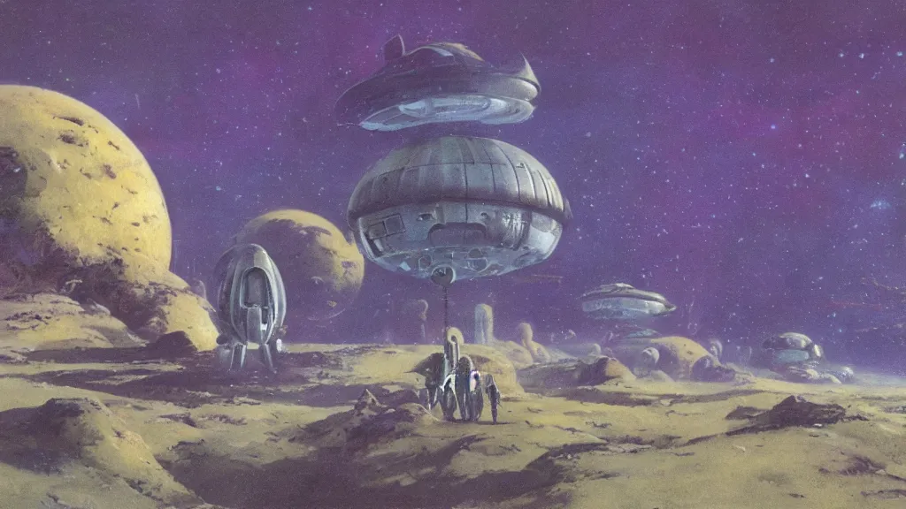 Image similar to eerie atmospheric alien planet with a small dropship pod landing by paul lehr and jack gaughan and john schoenherr, epic cinematic matte painting