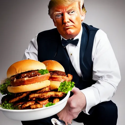 Prompt: donald trump eating an entire bowl filled with burgers, studio portrait photo, studio lighting, key light, food photography