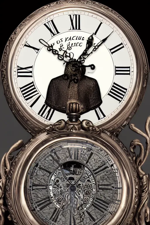 Image similar to a timekeeper with a pocket watch face, silk hat, full body, gothic, intricate, ornate, ultra realistic, unreal engine