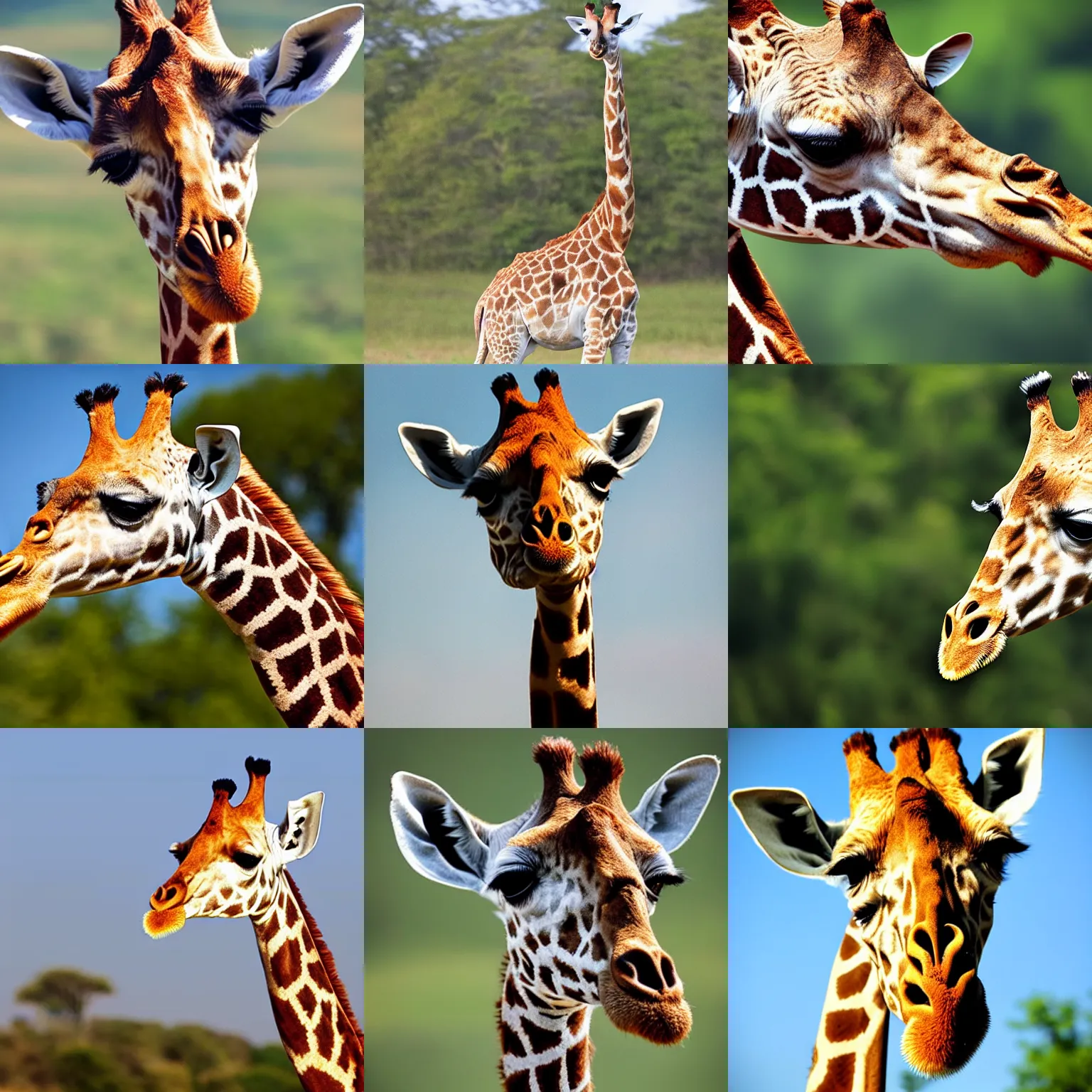 Prompt: a giraffe with a very short neck, wildlife photography