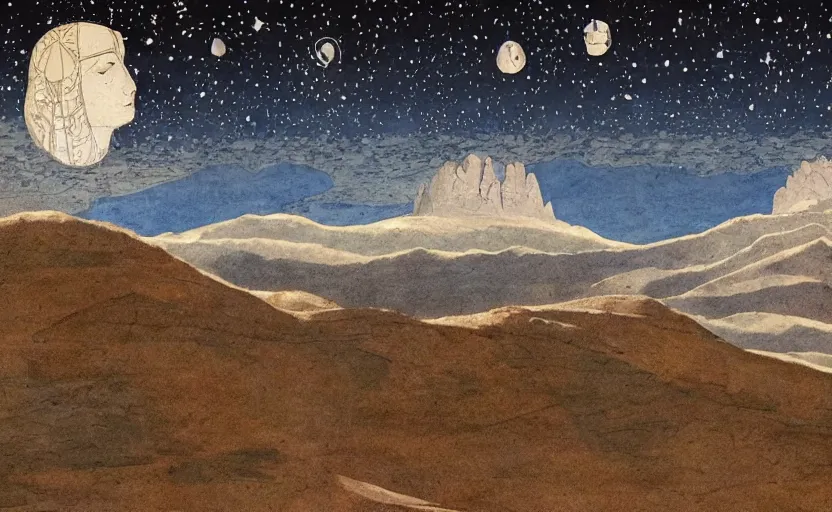 Prompt: mountains, stars and paisley filled sky, artstation, intricate, highly detailed, digital painting, concept art, sharp focus, illustration by Jean Claude Mézières and Piero della Francesca