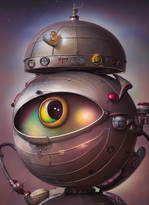 Image similar to highly detailed closeup portrait of a cute tin toy retro saucer spaceship, nicoletta ceccoli, mark ryden, lostfish, earl nore, hyung tae, frank frazetta, global illumination, god rays, detailed and intricate environment
