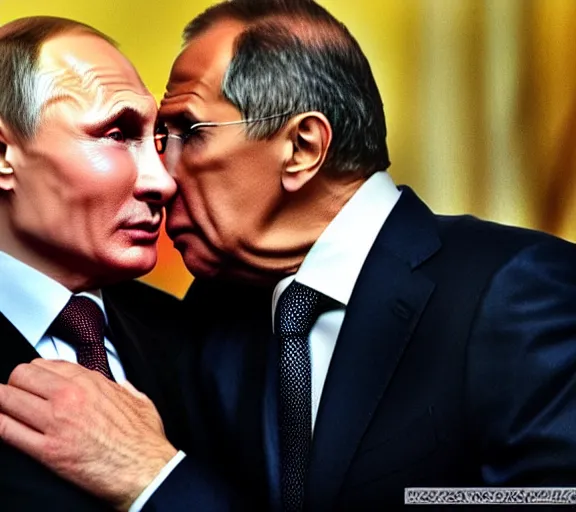 Image similar to vladimir putin kisses sergey lavrov, animals mating, lovely kiss, kiss mouth to mouth, romantic, emotional, love scene, insane details, clear face and eyes, textured, 8 k, professional photography, animal world, discovery channel