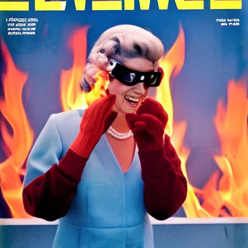 Prompt: magazine cover photo of Elizabeth II using gigantic googles on fire portrait photo by Slim Aarons in 1965 TIMES magazine cover photo, color